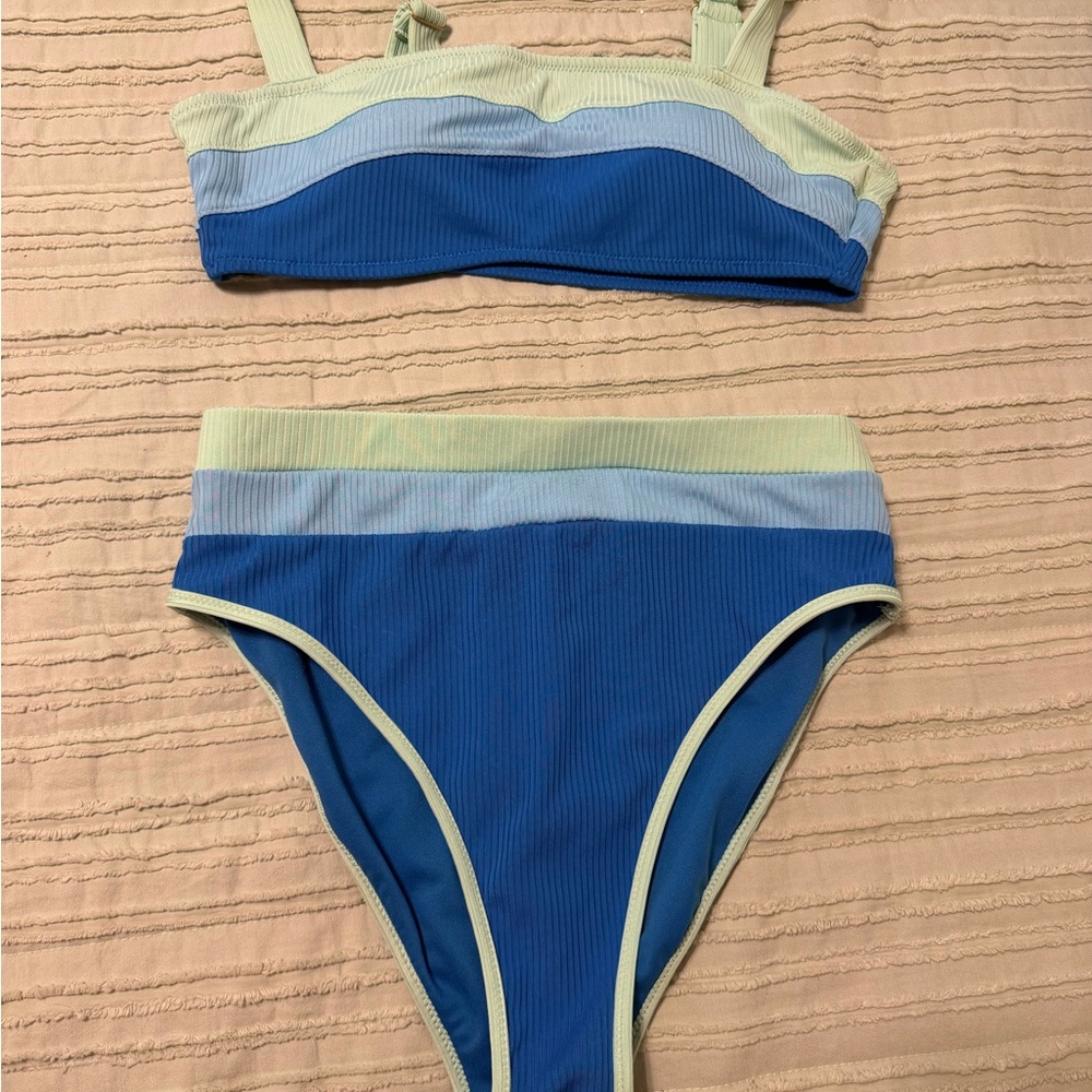 Girls' Two-Piece Ribbed Bikini — Blue, Light Blue & Pale Green